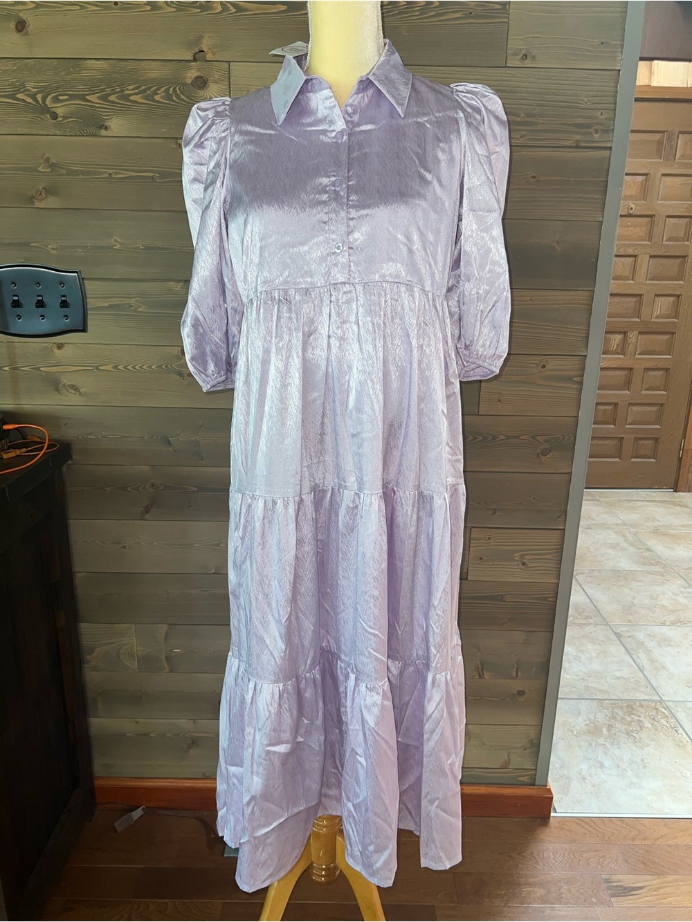 Lilac Satin Tiered Maxi Shirt Dress with Puff Sleeves New with tags! Medium